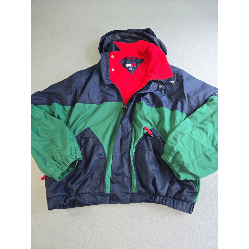 Tommy Hilfiger Windbreaker Mens XL Navy Green Red Colorblock Fleece Lined Hooded